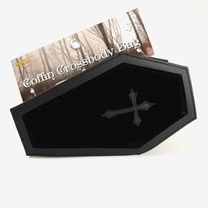 Goth Black‎ Velvet Cross Halloween Coffin Crossbody Bag Purse Gothic New w/Strap